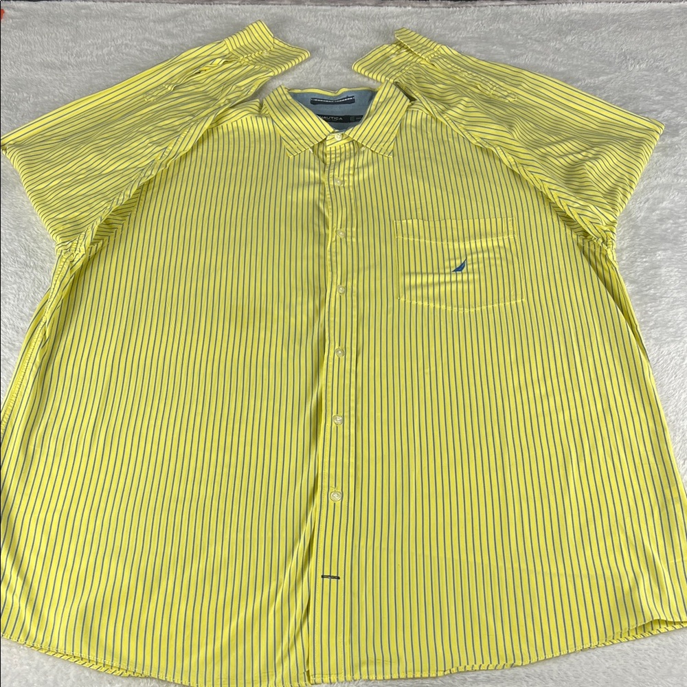 Nautica Men's 2XL Yellow and Blue Striped 100%Cotton Button Down‎ Shirt